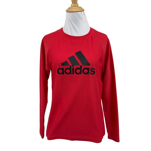 Adidas T Shirt Womens S Small Red Crew Neck Long Sleeve Big Logo Activewear - Picture 1 of 9